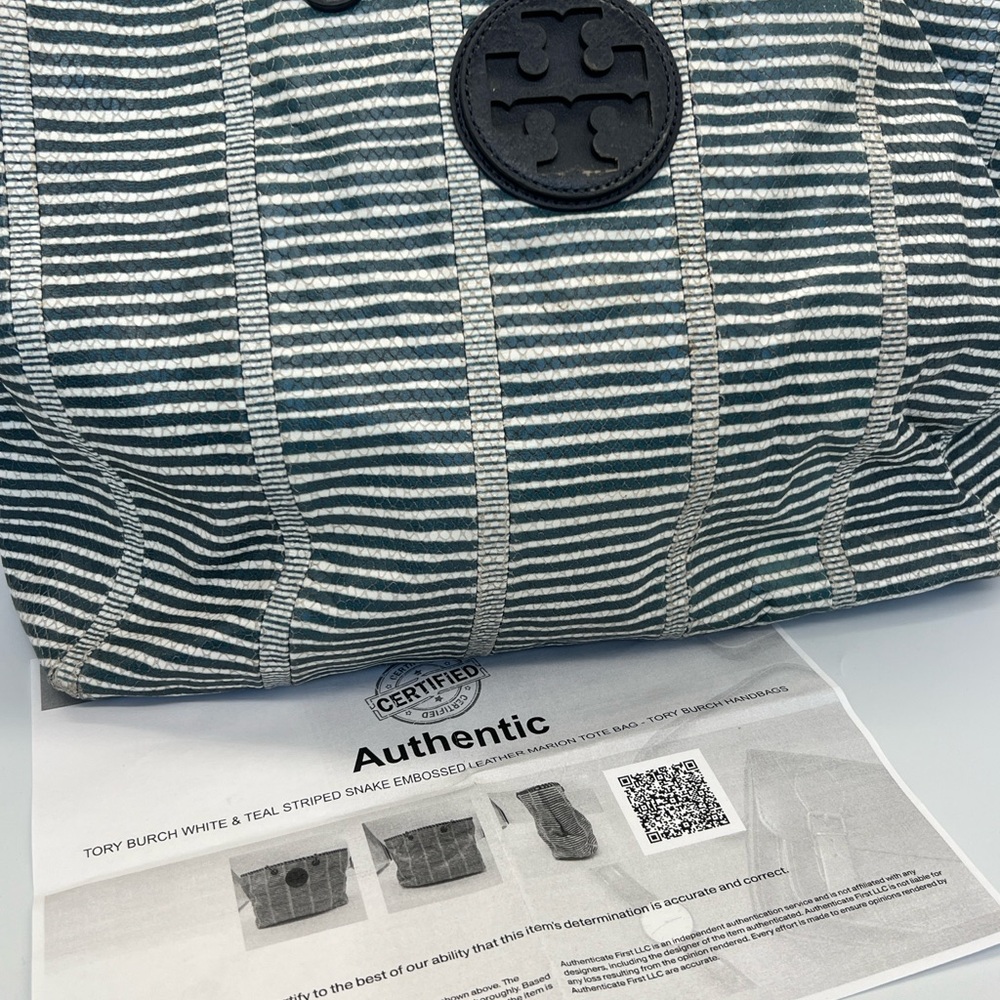 Tory Burch Navy and White Striped Chain-Handle Tote - Picture 9 of 9